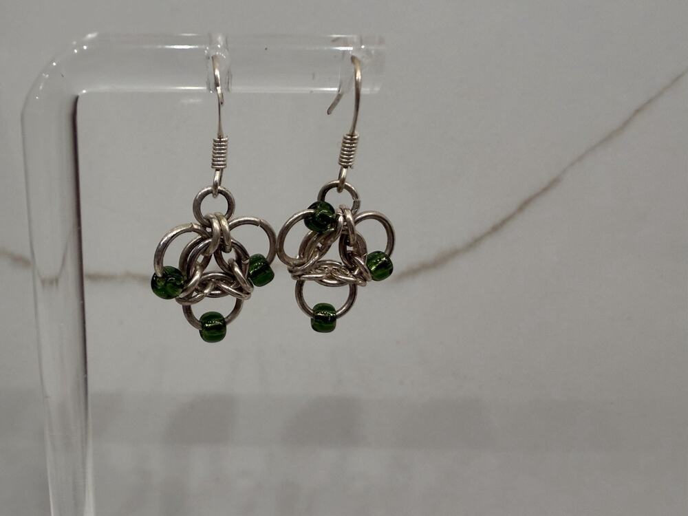 Handmade Celtic Knot Dangle Earrings Green Glass Beads Silver Tone Artisan